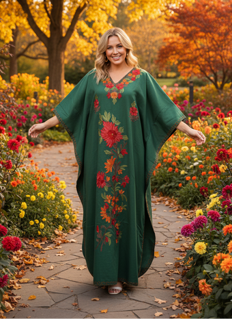 Kaftan Maxi Dress – Jade Green Embroidered Cotton Kimono Caftan for Women L-2X